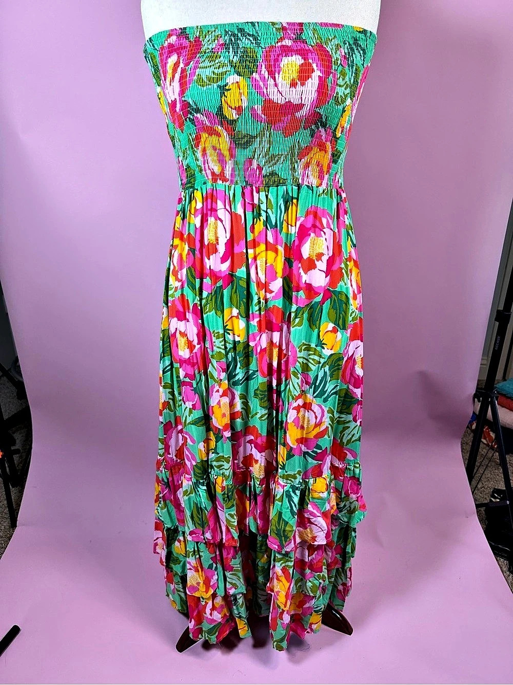 Abel The Label Bondi Strapless Smocked Maxi Dress Green & Pink Medium Like New